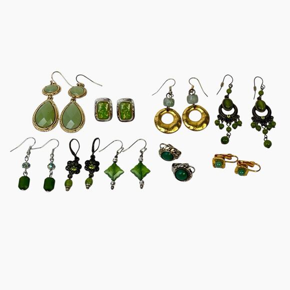 Earrings Lot Green Color Beads Stones 9 Pair Pierced Clip On Gold And Silvertone - Picture 2 of 13